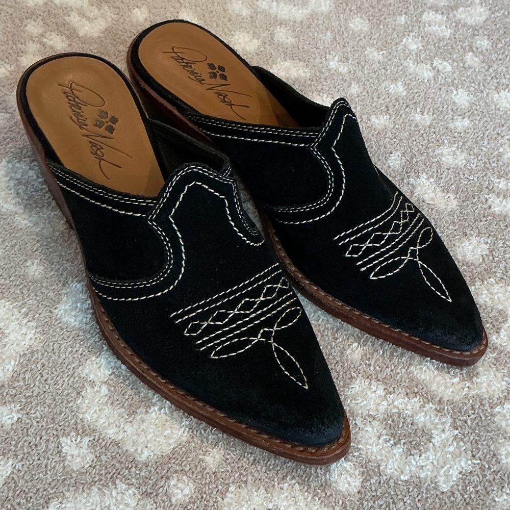 Patricia Nash Black Suede Embroidered Mules